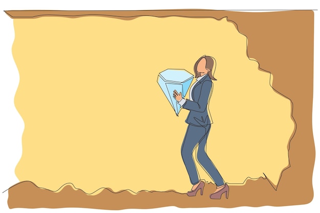 Vettore disegno in una sola linea di una giovane donna d'affari che porta un grande diamante dal sotterraneo.