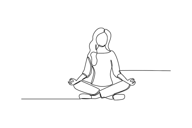 Vector single one line drawing young businesswoman doing meditation employee sitting in yoga pose relaxing calm down and manage stress continuous line draw design graphic vector illustration