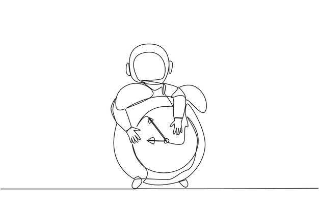 単一の1行の絵 活気のある若い宇宙飛行士が抱きしめる 目覚まし時計のデザイン ベクトルイラスト