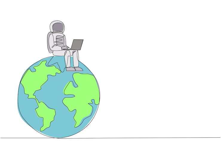 Vector single one line drawing young energetic astronaut sitting on giant globe typing laptop illustration