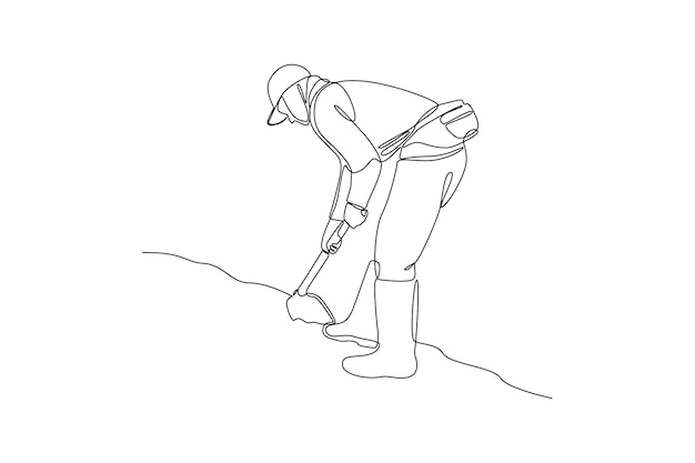 Single one line drawing of a young farmer is cleaning the garden Farming challenge minimal concept Continuous line draw design graphic vector illustration