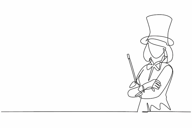 Single one line drawing of young female magician on tuxedo holding magic wand design graphic vector