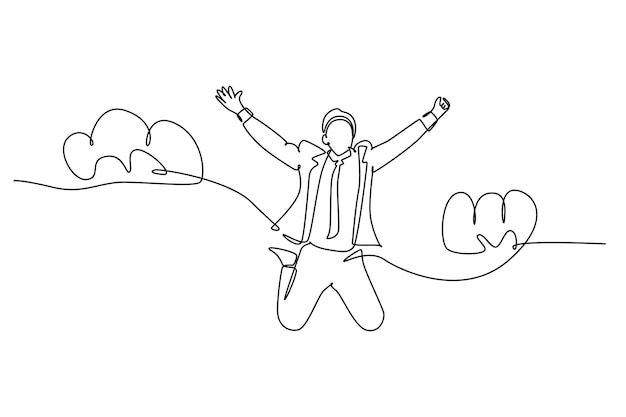 Single one line drawing young happy and energetic business man stretch out his hands into the air and jumping over cloud business celebration continuous line draw design graphic vector illustration