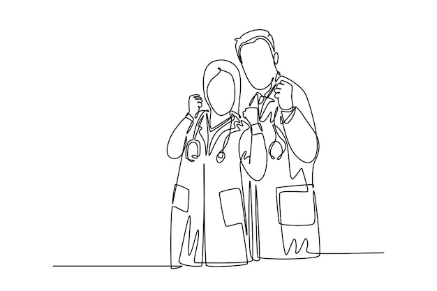 Однолинейный рисунок молодого счастливого мужчины-врача, обнимающего женщину-врача, чтобы отпраздновать их последовательную работу Медицинская служба здравоохранения Современный непрерывный рисунок графической векторной иллюстрации