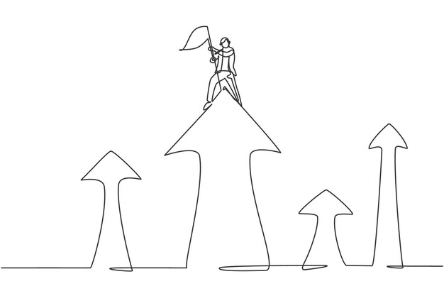単一の線画の若い勤勉な実業家が上矢印記号の上に旗を植えました