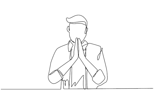 Single one line drawing young man in closed eyes praying hands together trendy person holding palms