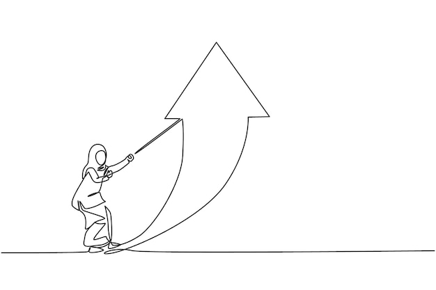 Однолинейный рисунок молодой умной арабской бизнес-леди, тянущей стрелку вверх, используя веревку