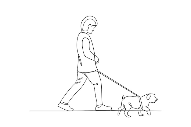子犬と歩く少年を描く単一の線画都市のペットのコンセプト連続線画