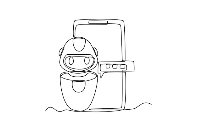 Single oneline drawing of a chat robot greeting on a cell phone Chatbot concept