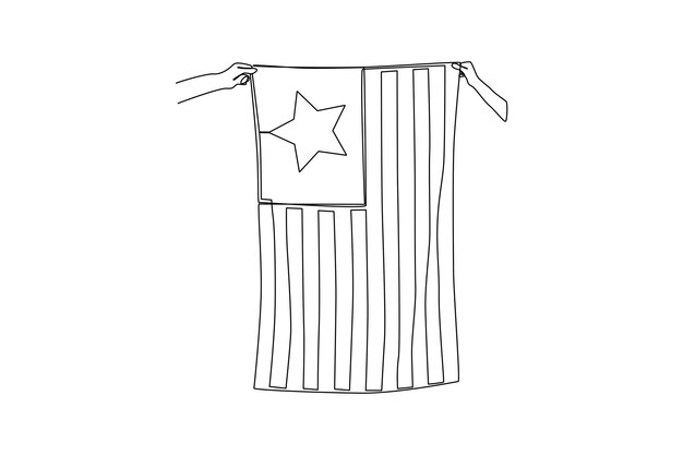 Vector single oneline drawing hand holding big usa flag independent day usa concept