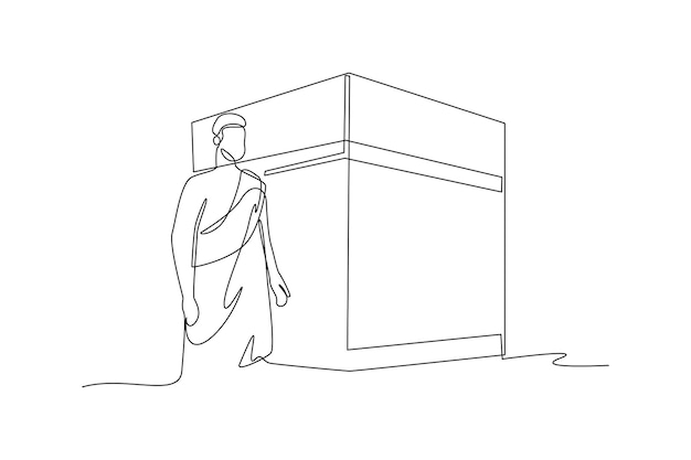 Single oneline drawing a man surrounding the Kaaba Hajj and Umrah activity concept