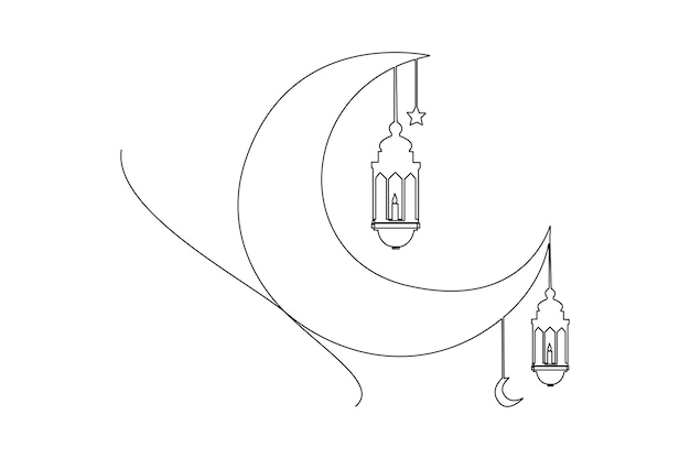 単一の一行描画月とムハラムハンガーイスラム新年のコンセプト