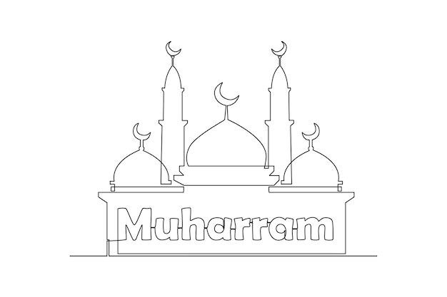 Single oneline drawing mosque with Muhafram decorations Islamic new year concept