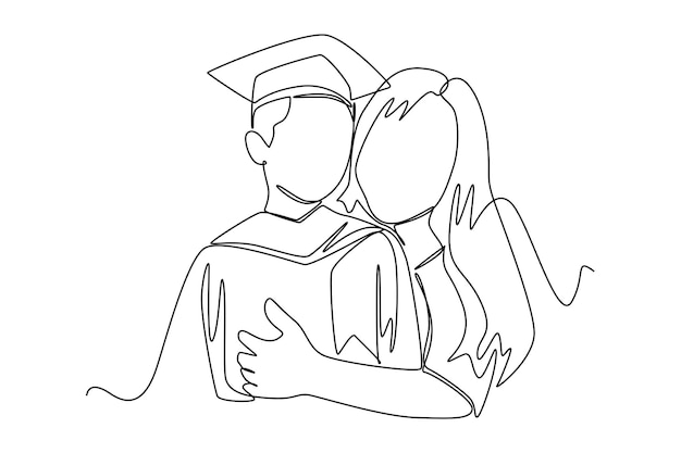 Single oneline drawing mother hugging her graduation son Graduation concept