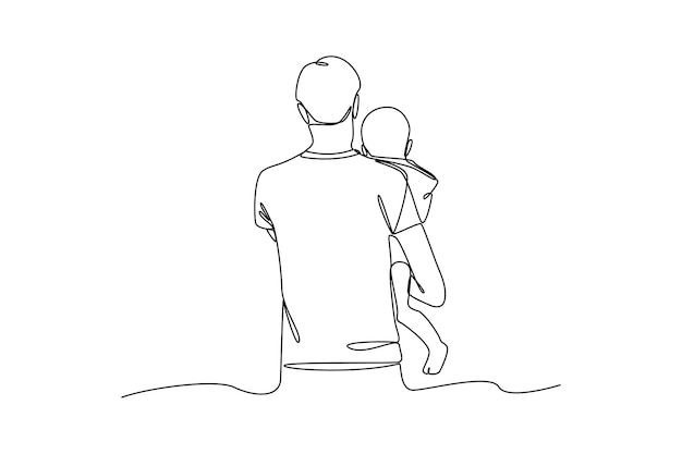 Single oneline drawing rear view of dad holding his baby Father's Day concept