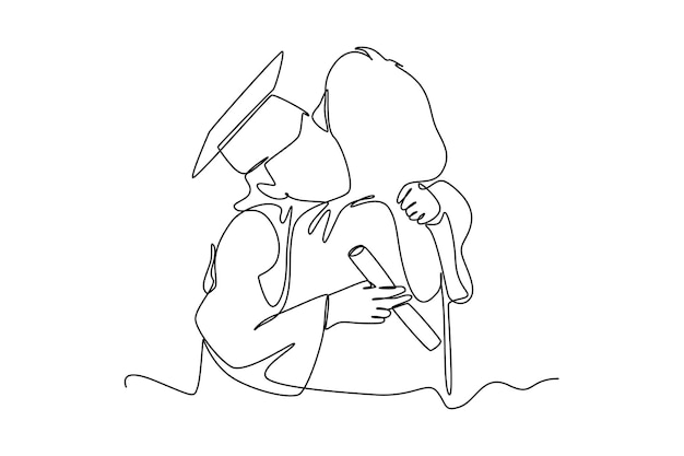 Single oneline drawing a woman hugging her mother on graduation day Graduation concept