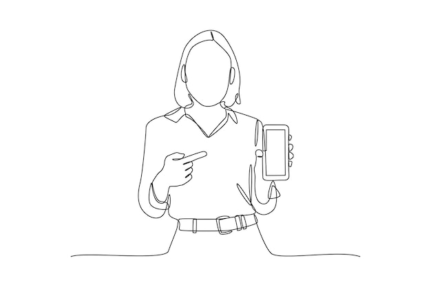 Single oneline drawing woman pointing at mobile phone Mobile phone concept