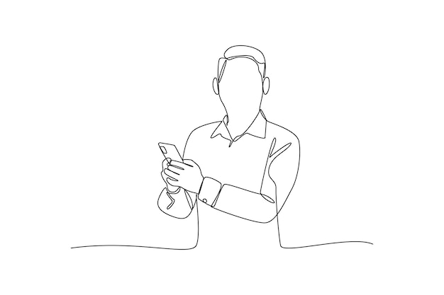 Single oneline tekening jongen spelen smartphone Mobiele telefoon concept Continu lijntekening