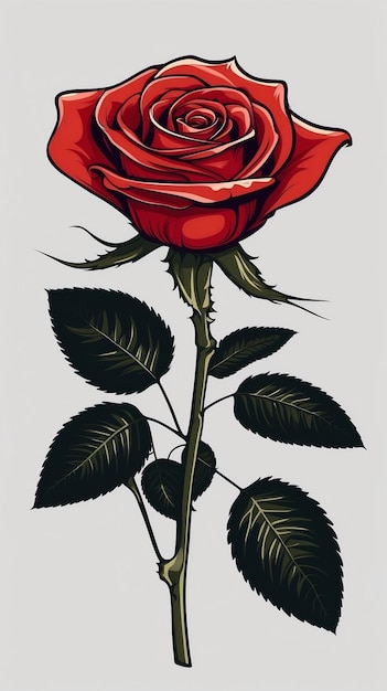 Single red rose with elegant stem and leaves