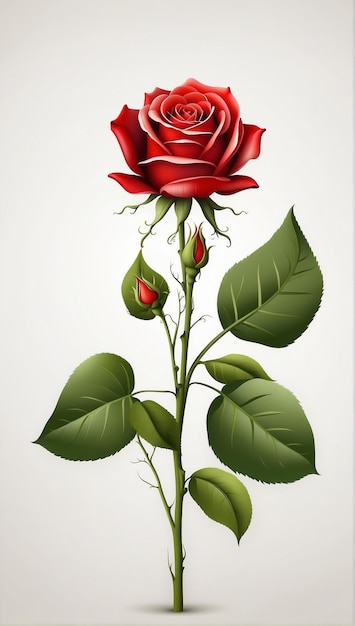 Одинокая красная роза с изящным стеблем и листьями