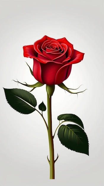 Single red rose with elegant stem and leaves