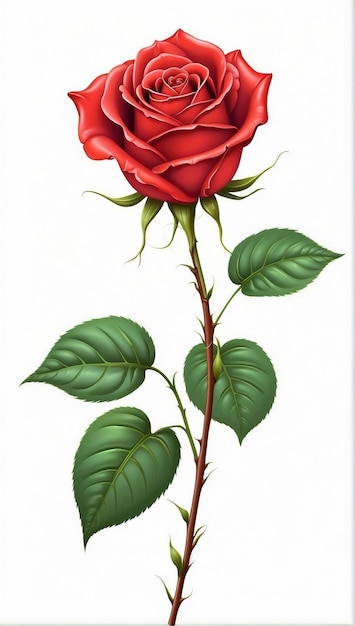 Single red rose with elegant stem and leaves