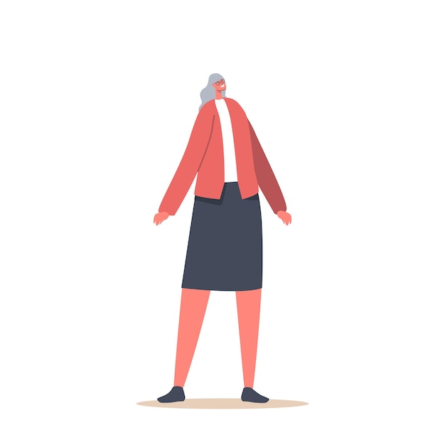 single senior female character wear knit red jacket and black skirt isolated on white background mature positive woman