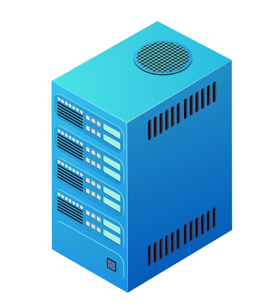 Tecnologia di rete a server singolo di cloud computing per data center di connessione. tech isometrico 3d illustrazione database computer data center.