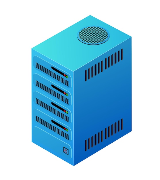 Single server network technology of connection data center computing cloud. Tech isometric 3d illustration database computer data center.