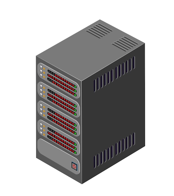 Tecnologia di rete a server singolo di cloud computing per data center di connessione. tech isometrico 3d illustrazione database computer data center.