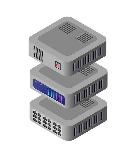 接続データセンターコンピューティングクラウドのシングルサーバーネットワークテクノロジー。テックアイソメトリック3Dイラストレーションデータベースコンピュータデータセンター。