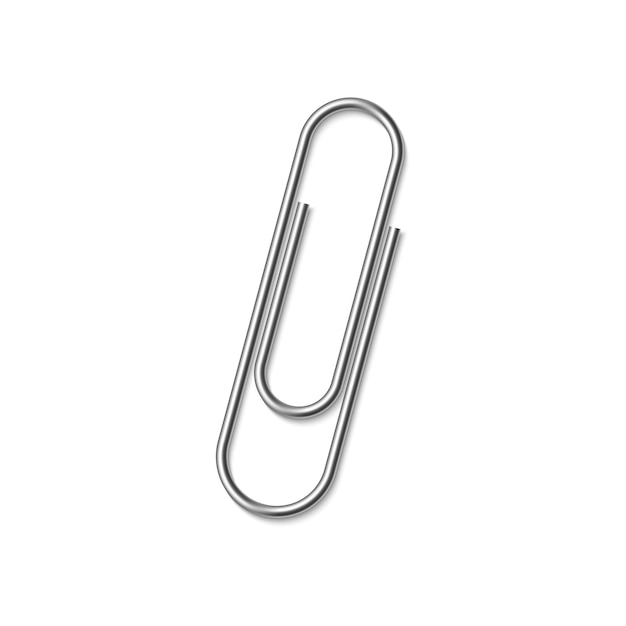 Single silver metallic realistic paper clip on white background Paperclip icon with soft shadow