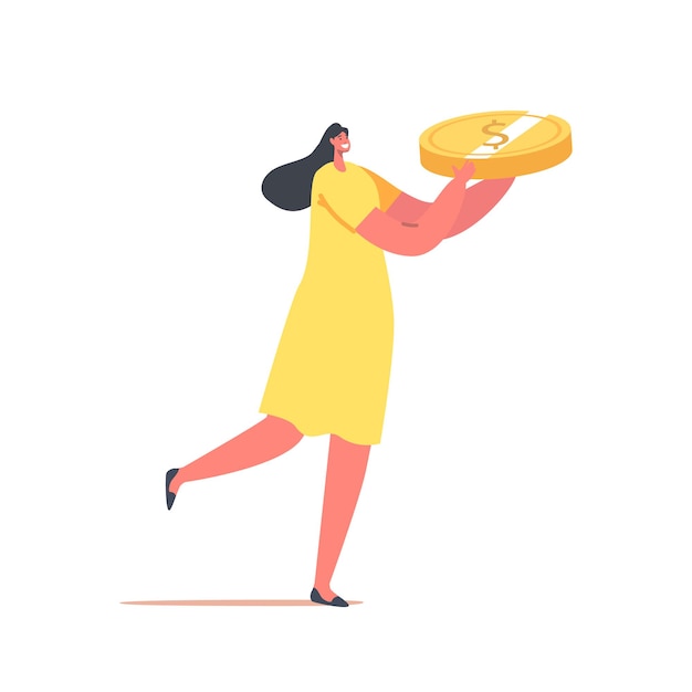 Single Tiny Businesswoman Character with Huge Golden Coin. Business Growth, Investment, Wealth and Prosperity Concept