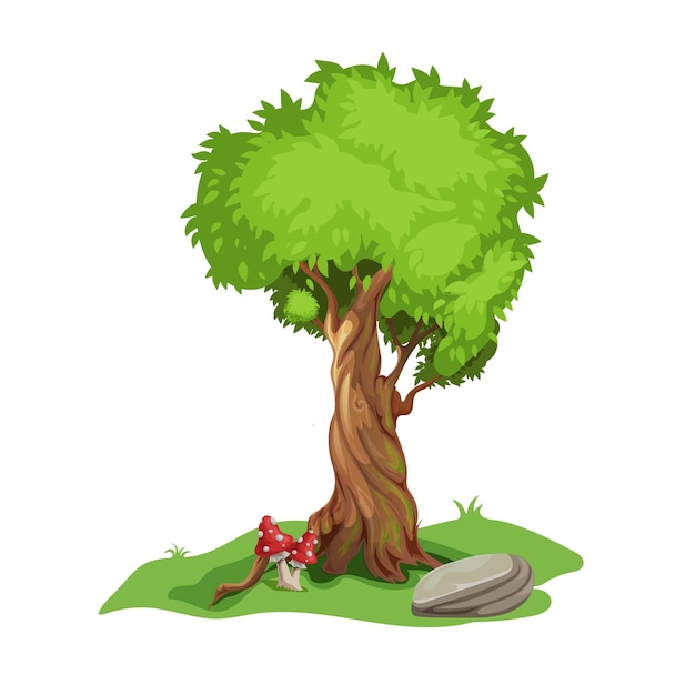 Singolo albero in stile cartone animato vecchio grande albero con pietra e funghi illustrazione botanica ed ecologica ideale per esigenze educative e di gioco disegno vettoriale isolato su sfondo bianco