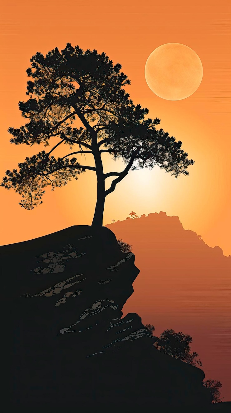 Vector a single tree on a hill silhouette illustration