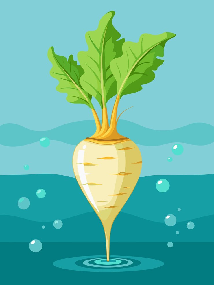 Vector a single turnip with green leaves emerging from water