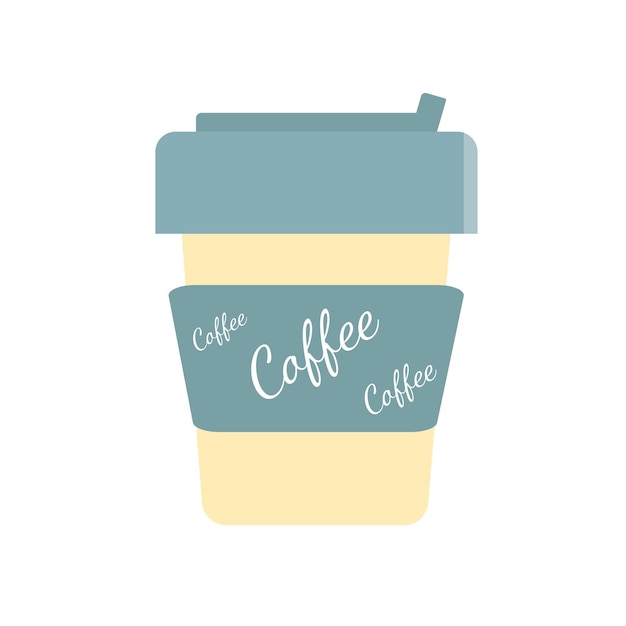 Vettore bicchiere di carta monouso per caffè giallo latte con coperchio color menta ed etichetta con la scritta coffee