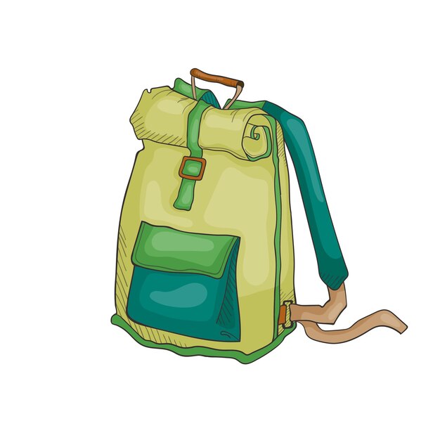 Single vector image of a fashionable womens green backpack with straps with stylish fasteners