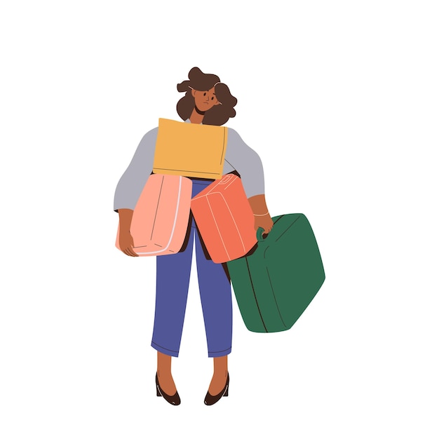 Vector single woman tourist character holding heavy suitcases too much baggage for travel concept