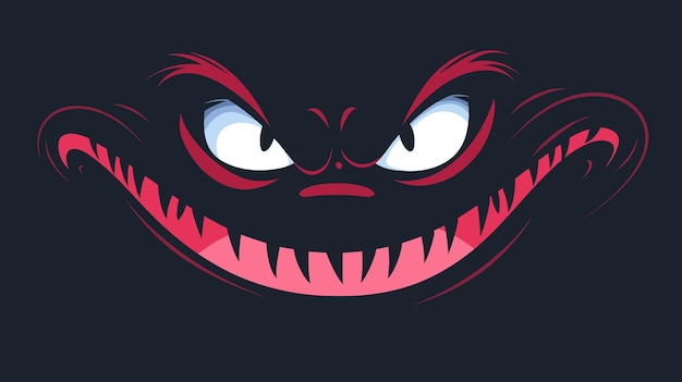 暗い背景に悪意をもって微笑む 恐ろしい漫画の生き物 脅迫的な目 い歯