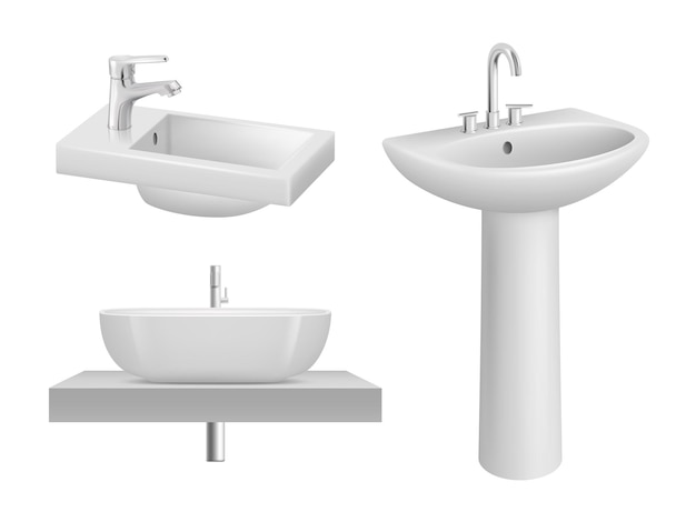 Vector sink realistic bathroom items white ceramic sink in toilet room decent vector template