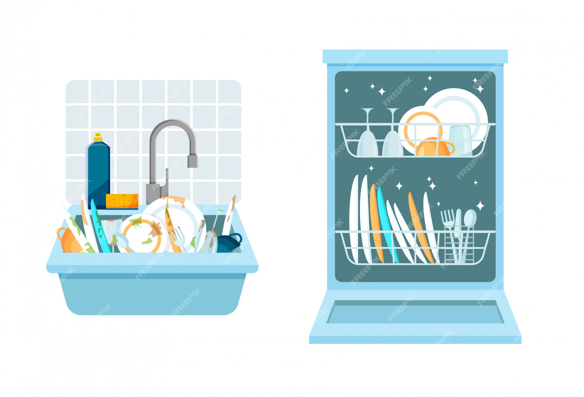 https://img.freepik.com/premium-vector/sink-with-bunch-dirty-dishes-open-dishwasher-with-clean-dishes-different-kitchen-household-utensils-before-after-washing-vector-illustration-trendy-flat-style_168129-613.jpg?w=2000