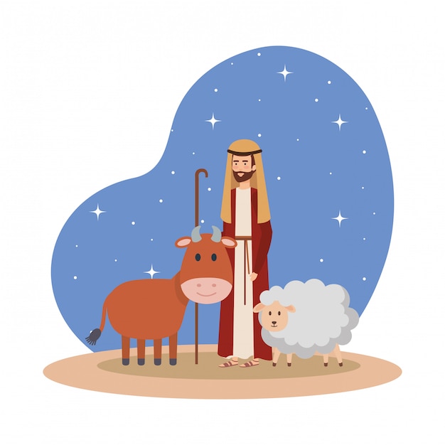 Sint-jozef met os en schapen in de nacht