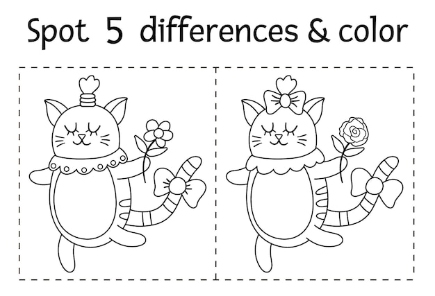 Sint-Valentijnsdag vind verschillenspel voor kinderen. Vakantie zwart-wit educatieve activiteit en kleurplaat met grappige kat met bloem. Afdrukbaar werkblad met schattig dier.