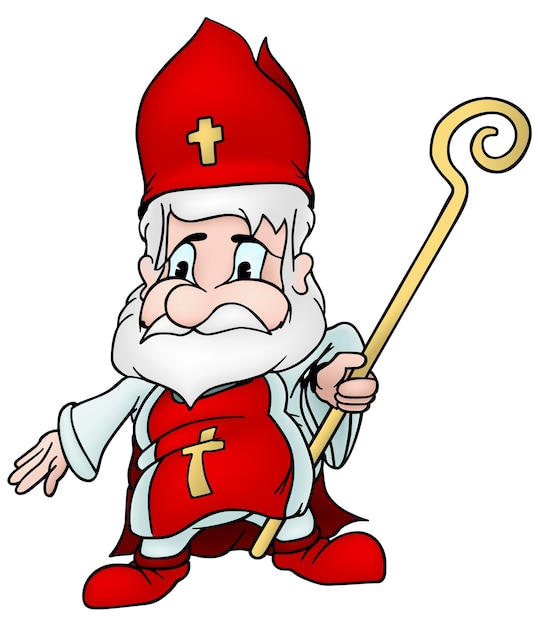 Sinterklaas in rood kostuum met een gouden staf als cartoon kerstillustratie