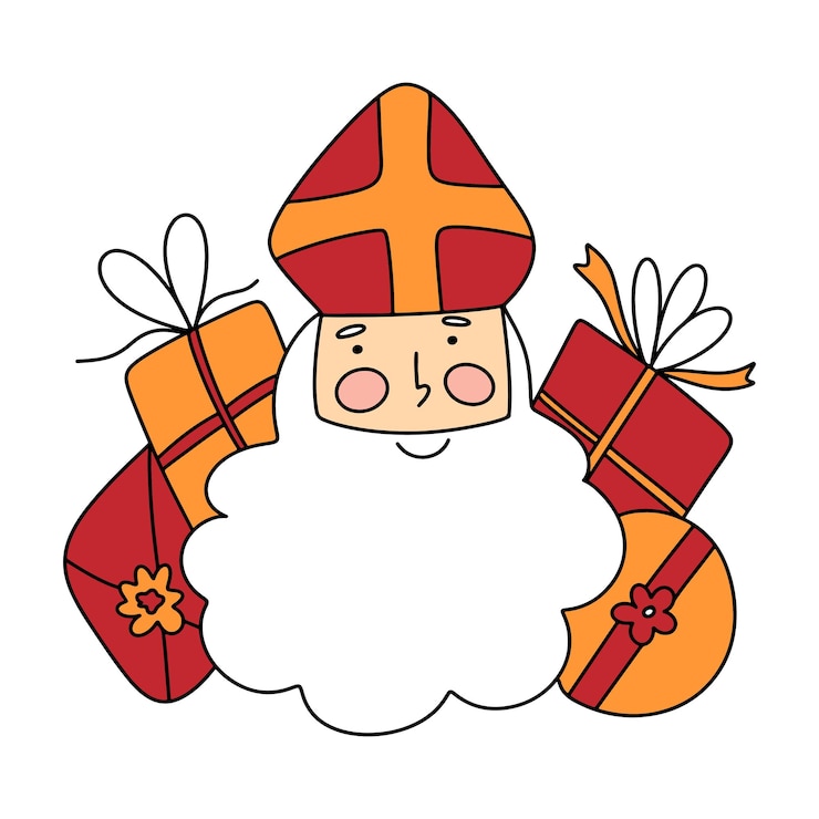 Vector sinterklaas of sinterklaas schattig doodle portret vectorillustratie van sint-nicolaas met cadeautjes