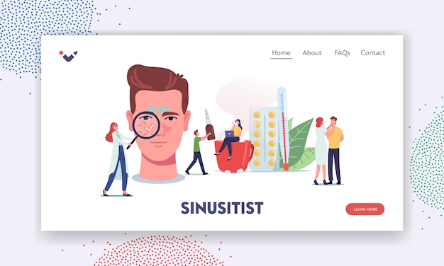 Шаблон целевой страницы синусита. крошечные врачи или пациенты с огромной мужской головой с воспалением носовых пазух из-за гриппа, аллергии, носовой инфекции. мультфильм люди векторные иллюстрации