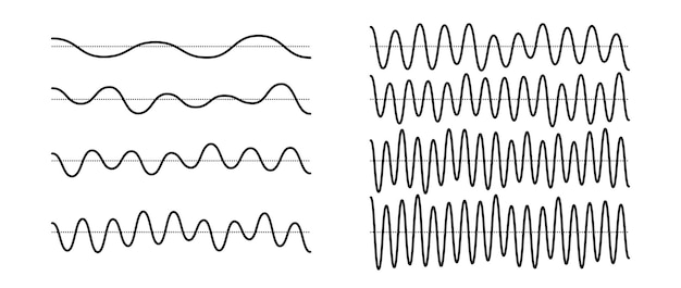 Vettore segnali sinusoidali impostati onde sonore a curva nera con frequenza e ampiezza diverse voce o musica
