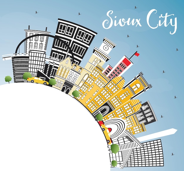 Sioux City Iowa Skyline with Color Buildings, Blue Sky and Copy Space. Vector Illustration. Business Travel and Tourism Illustration with Historic Architecture.