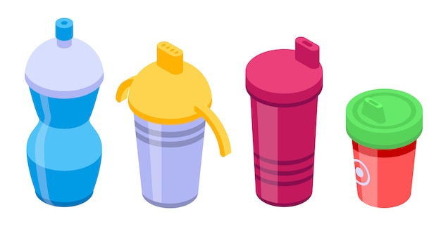 Sippy cup icons set, isometric style